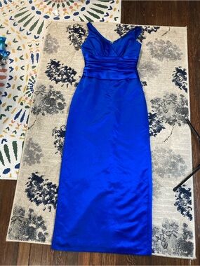 David's Bridal Royal Blue Satin V-Neck Maxi Dress